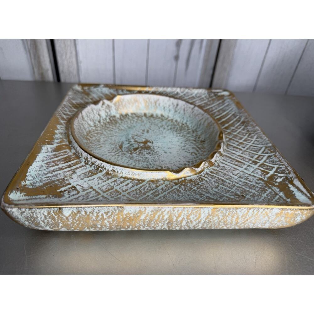 VTG Mid Century STANGL POTTERY Ashtray Mint Green Gold Trinket Tray Decor